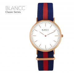 Blancc Classic Blauw/Rood Nylon Horloge - Rose Goud
